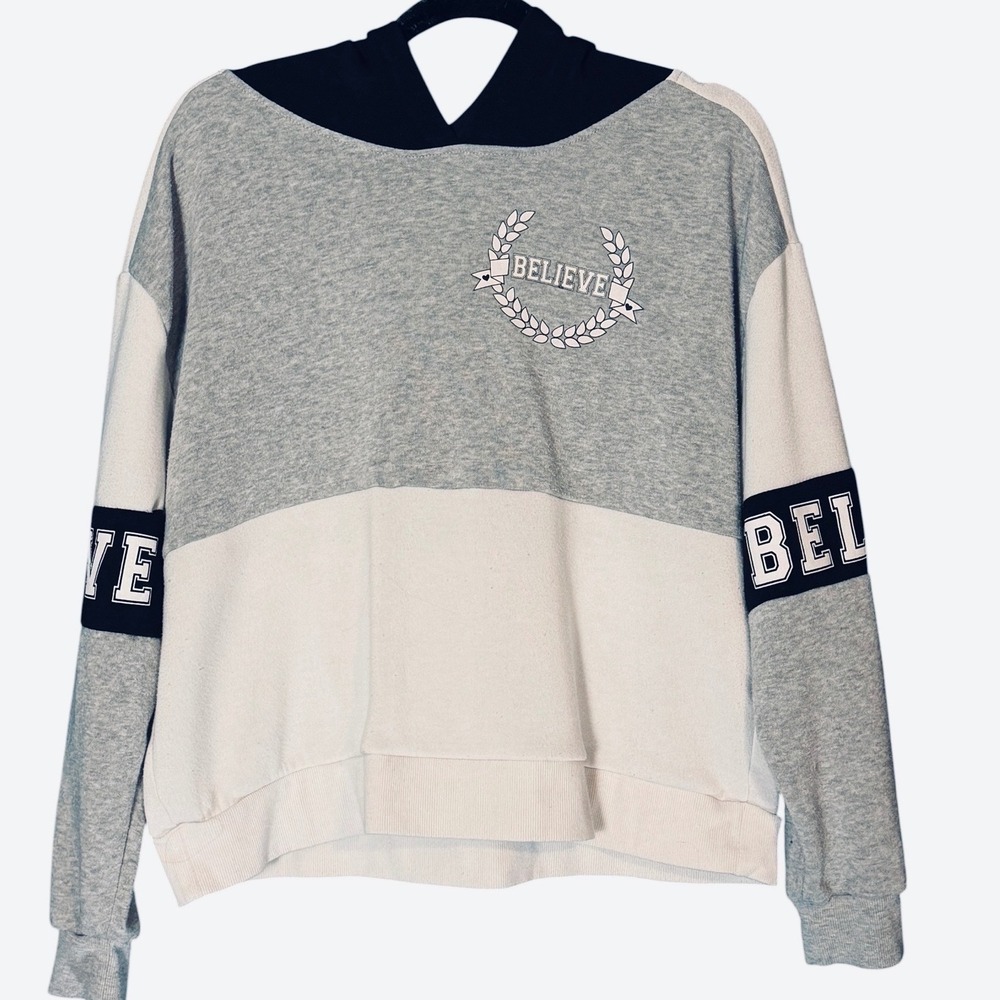 No Boundaries Hoodie Womens XL Grey White Believe Graphic Colorblock Sweatshirt